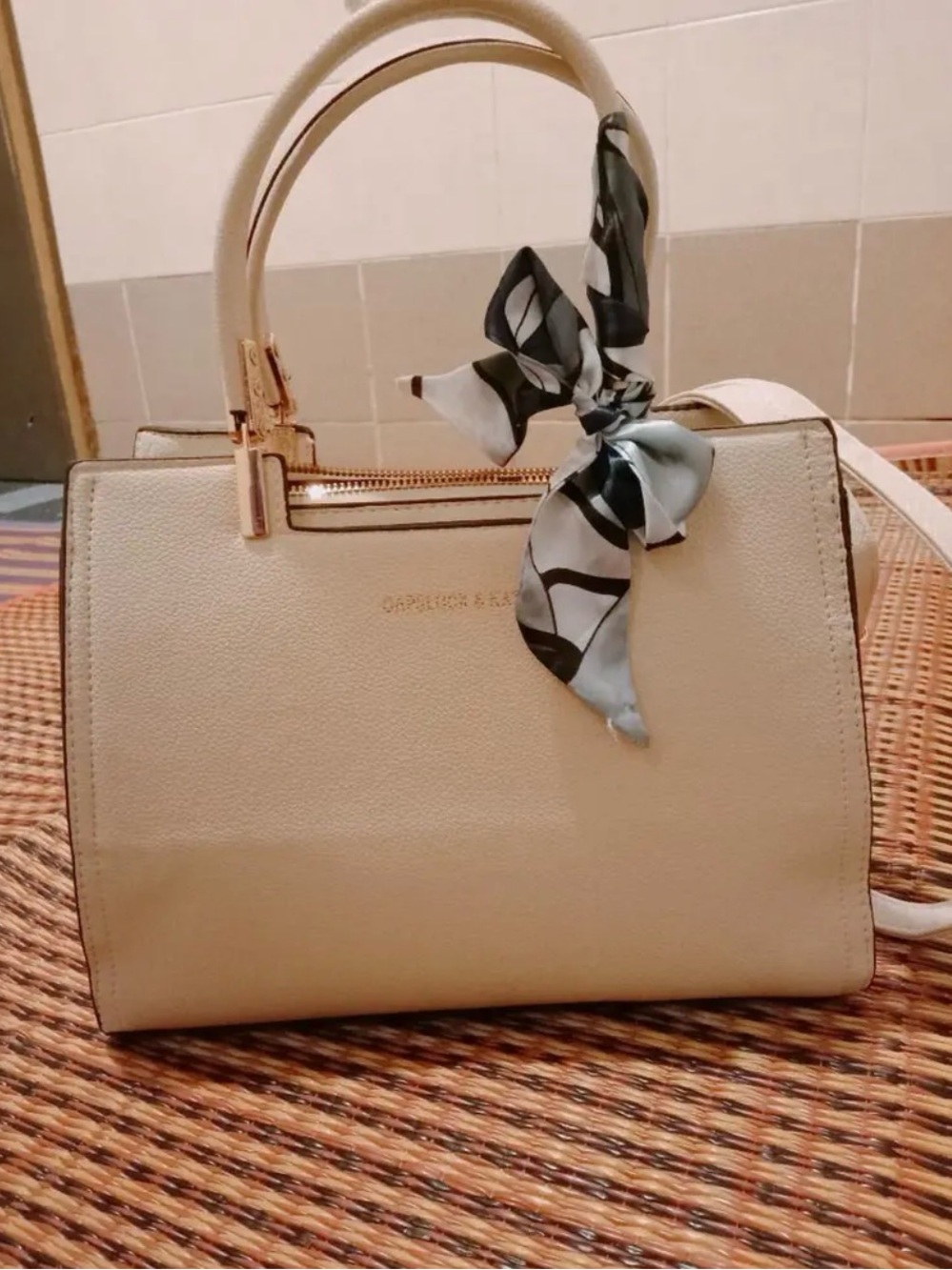 Elegant Cream Structured Tote Handbag with Scarf Accent